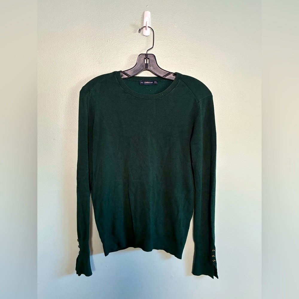 Zara Womens Dark Green Long Sleeve Gold Button Accent Christmas Sweater Sz L